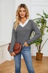 Lace Detailed V Neck Top Charcoal Women's T-Shirts - Tophatter Daily Deals