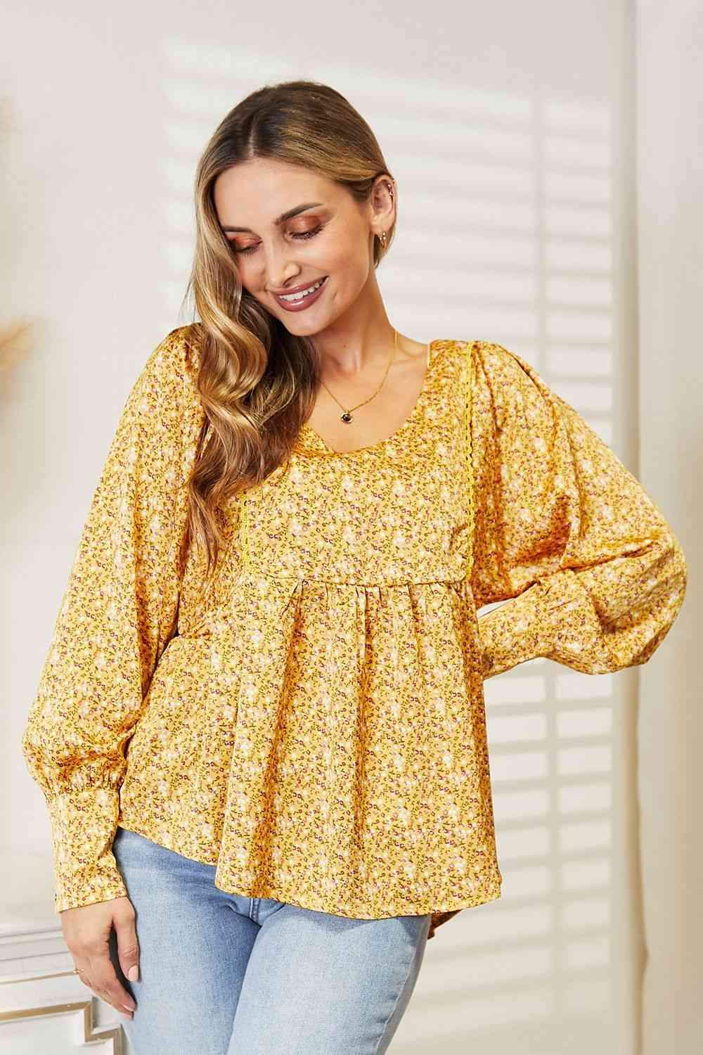 HEYSON Full Size V-Neck Floral Satin Top Mustard Blouses - Tophatter Daily Deals