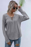 Lace-Up V-Neck Ribbed Top Gray Blouses - Tophatter Daily Deals