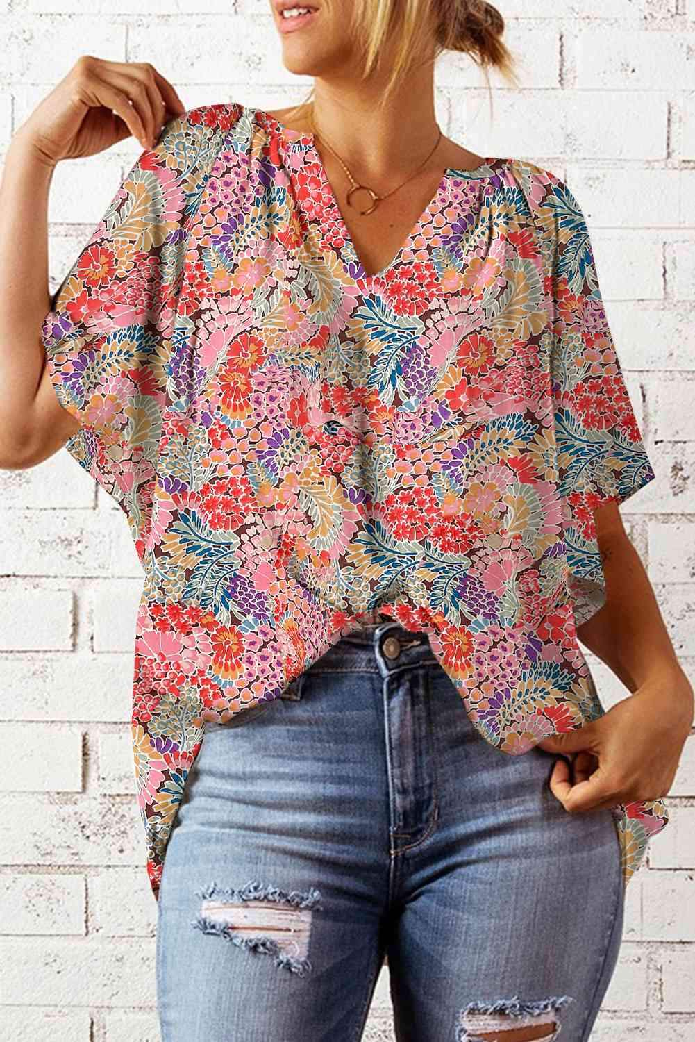 Floral Notched Neck Flutter Sleeve Blouse Blouses - Tophatter Daily Deals