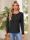 Buttoned Round Neck Long Sleeve T-Shirt Women's T-Shirts - Tophatter Daily Deals