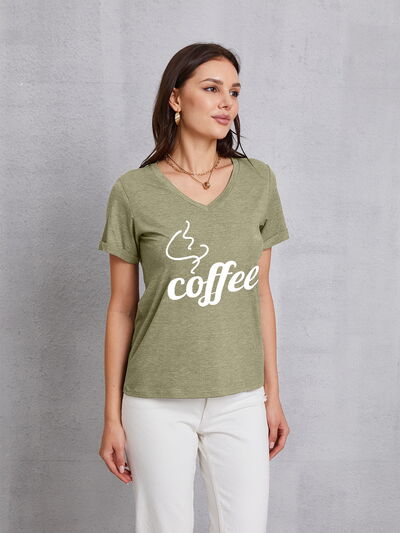 COFFEE V-Neck Short Sleeve T-Shirt Sage Women's T-Shirts - Tophatter Daily Deals