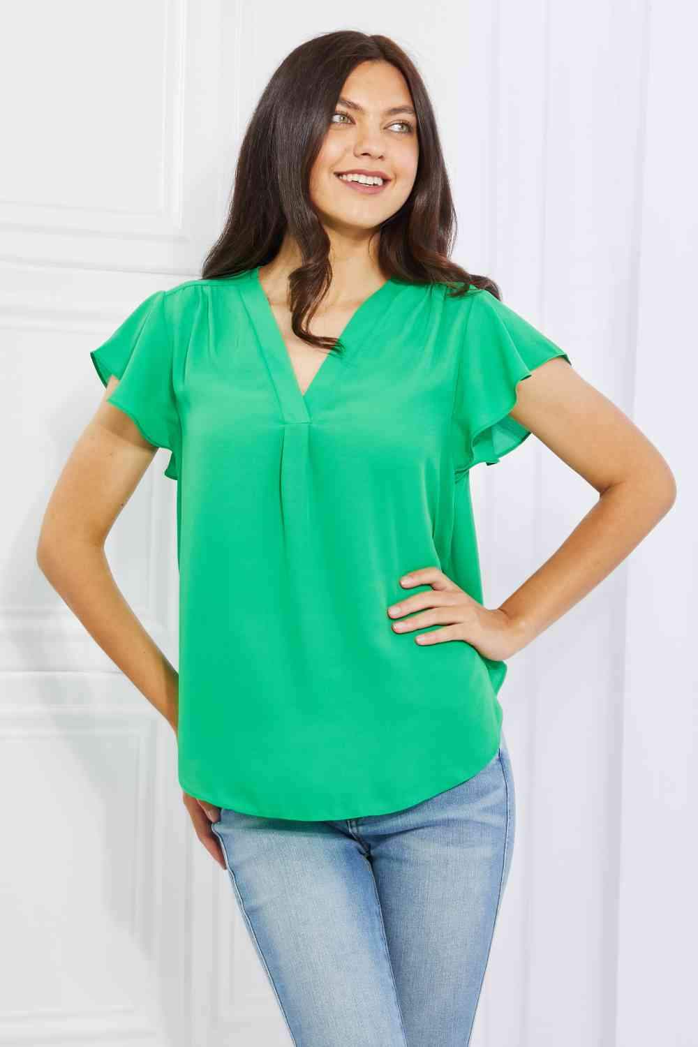 Sew In Love Just For You Full Size Short Ruffled Sleeve length Top in Green Blouses - Tophatter Daily Deals