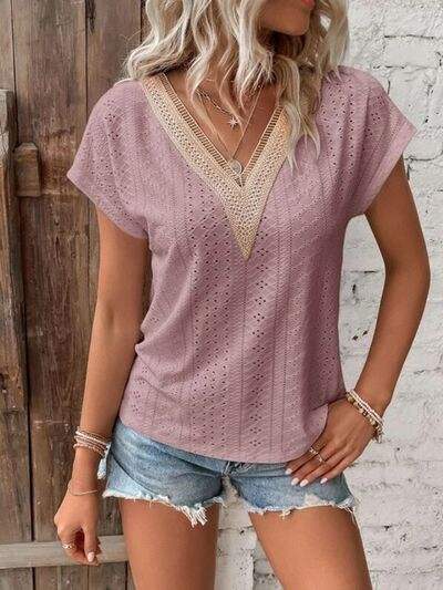 Eyelet V-Neck Short Sleeve T-Shirt Light Mauve Women's T-Shirts - Tophatter Daily Deals