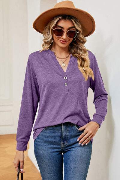 Notched Long Sleeve T-Shirt Women's T-Shirts - Tophatter Daily Deals