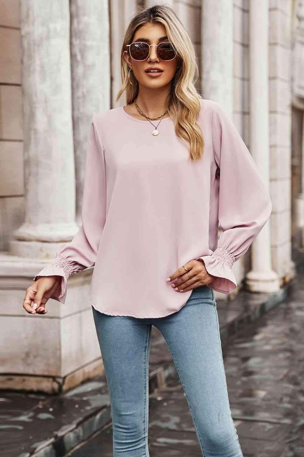 Round Neck Long Flounce Sleeve Blouse Blush Pink Blouses - Tophatter Daily Deals