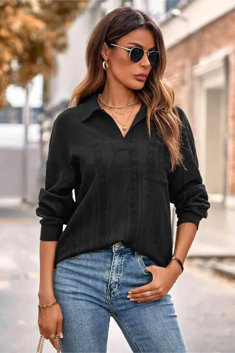Johnny Collar Long Sleeve Blouse Black Blouses - Tophatter Daily Deals