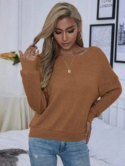 Waffle-Knit Crisscross Long Sleeve T-Shirt Caramel Women's T-Shirts - Tophatter Daily Deals