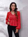 Floral V-Neck Balloon Sleeve Peplum Blouse Deep Red Blouses - Tophatter Daily Deals