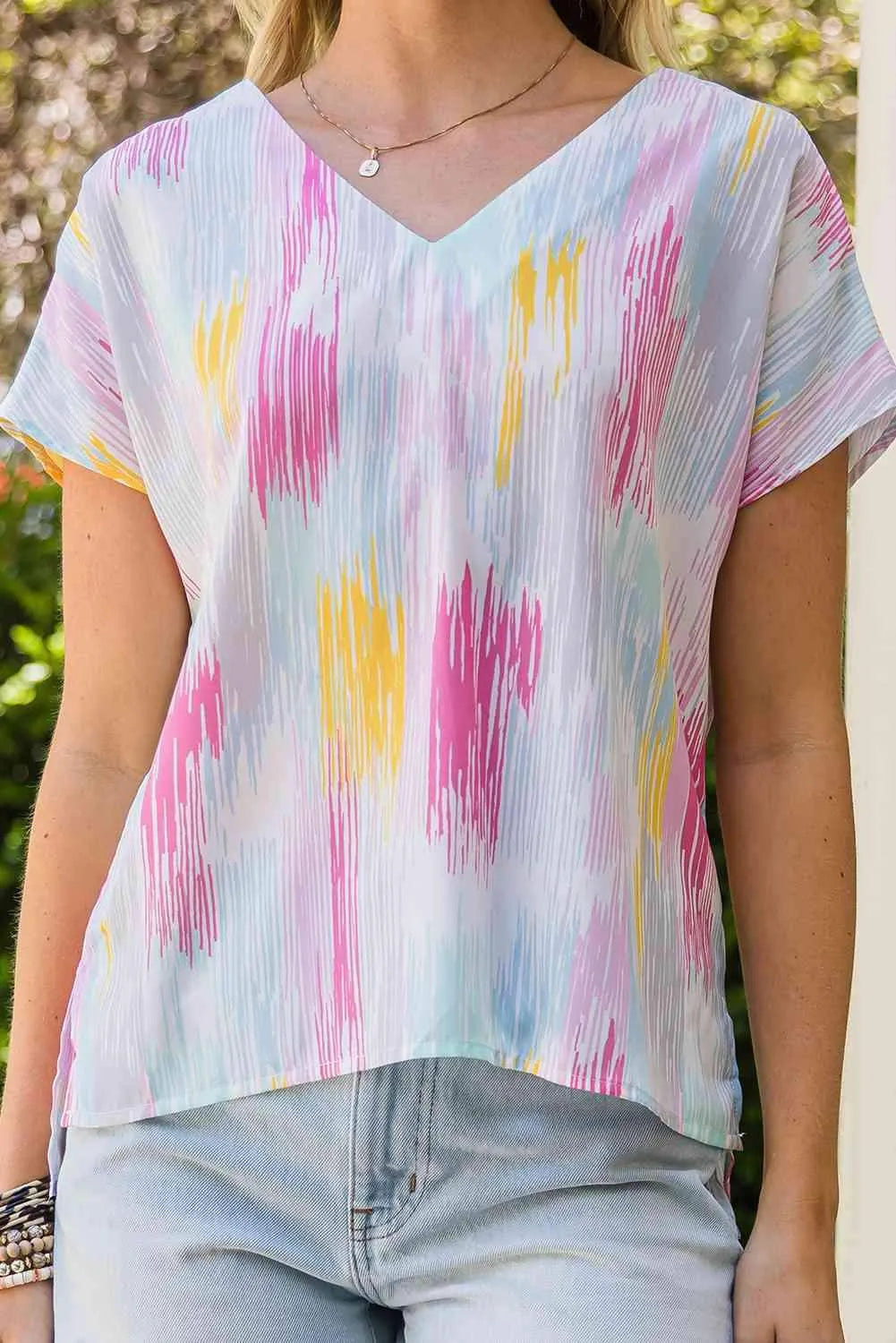 High-Low V-Neck Short Sleeve Blouse Blouses - Tophatter Daily Deals