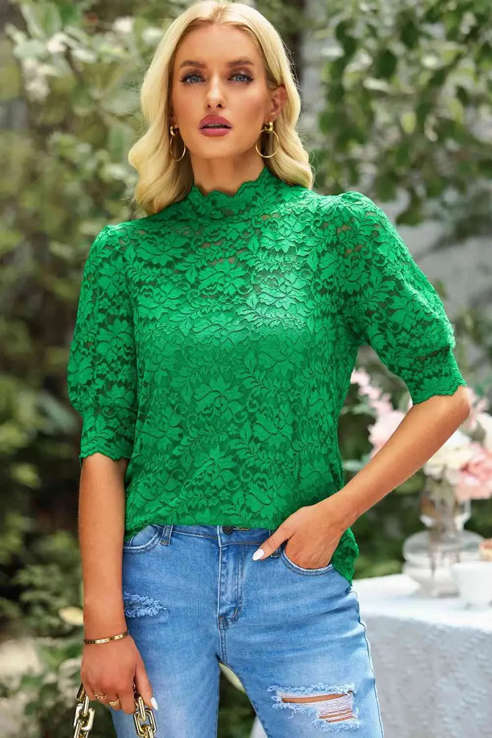 Lace Scalloped Short Puff Sleeve Top Green Blouses - Tophatter Daily Deals
