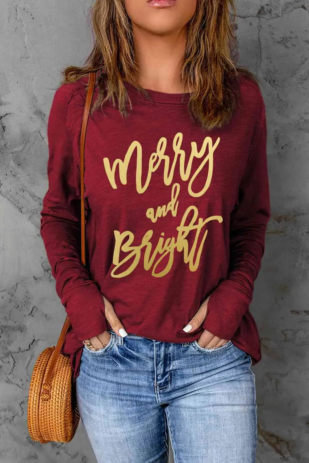 MERRY AND BRIGHT Graphic Long Sleeve T-Shirt Wine Women's T-Shirts - Tophatter Daily Deals