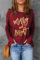 MERRY AND BRIGHT Graphic Long Sleeve T-Shirt Wine Women's T-Shirts - Tophatter Daily Deals