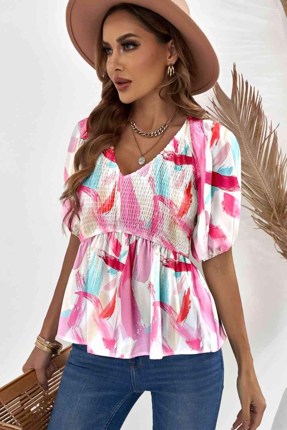 Printed V-Neck Babydoll Blouse Blouses - Tophatter Daily Deals