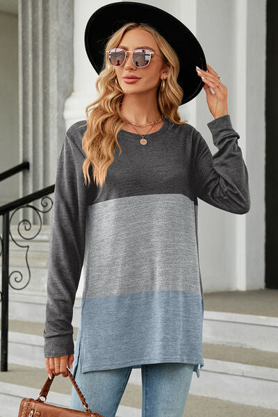 Color Block Round Neck Long Sleeve T-Shirt Women's T-Shirts - Tophatter Daily Deals