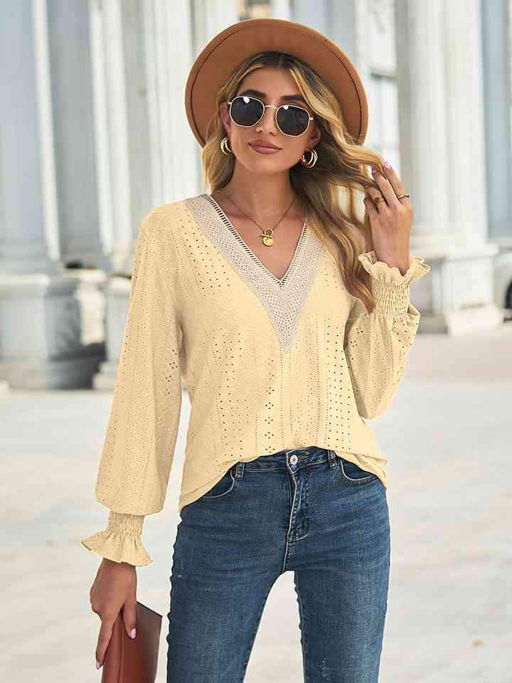 V-Neck Eyelet Flounce Sleeve Blouse Canary Yellow Blouses - Tophatter Daily Deals