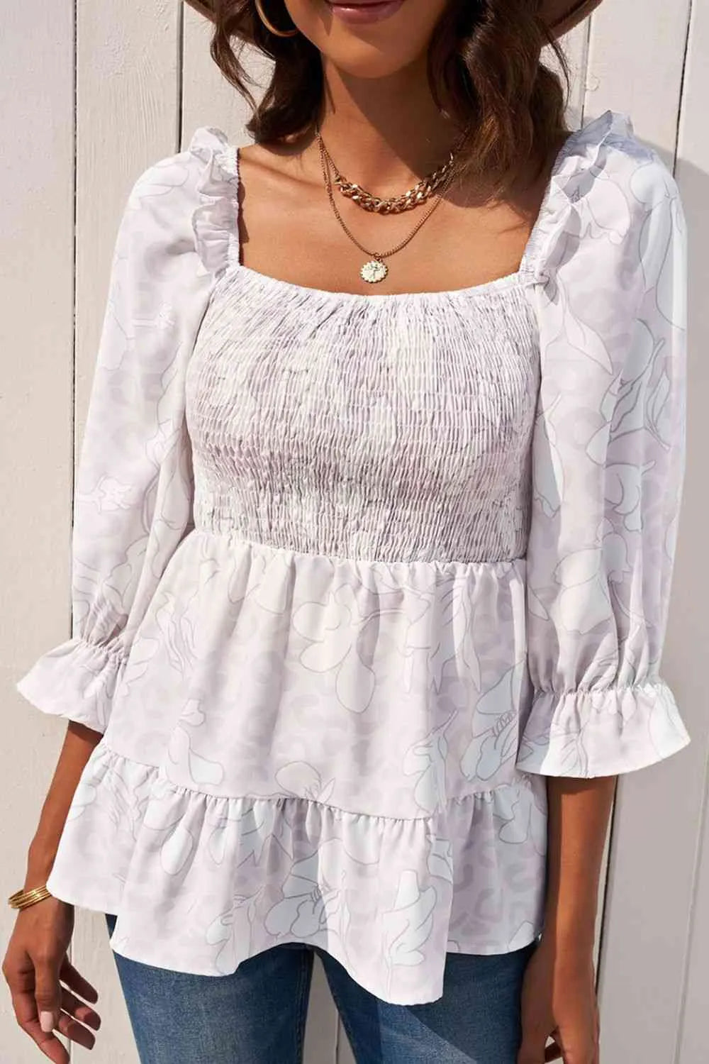 Floral Smocked Ruffled Babydoll Top Blouses - Tophatter Daily Deals