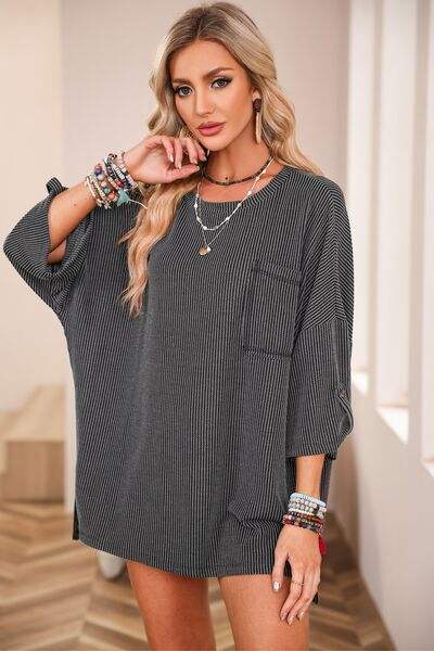 Round Neck Slit Roll-Tab Sleeve Oversize Top Charcoal Women's T-Shirts - Tophatter Daily Deals