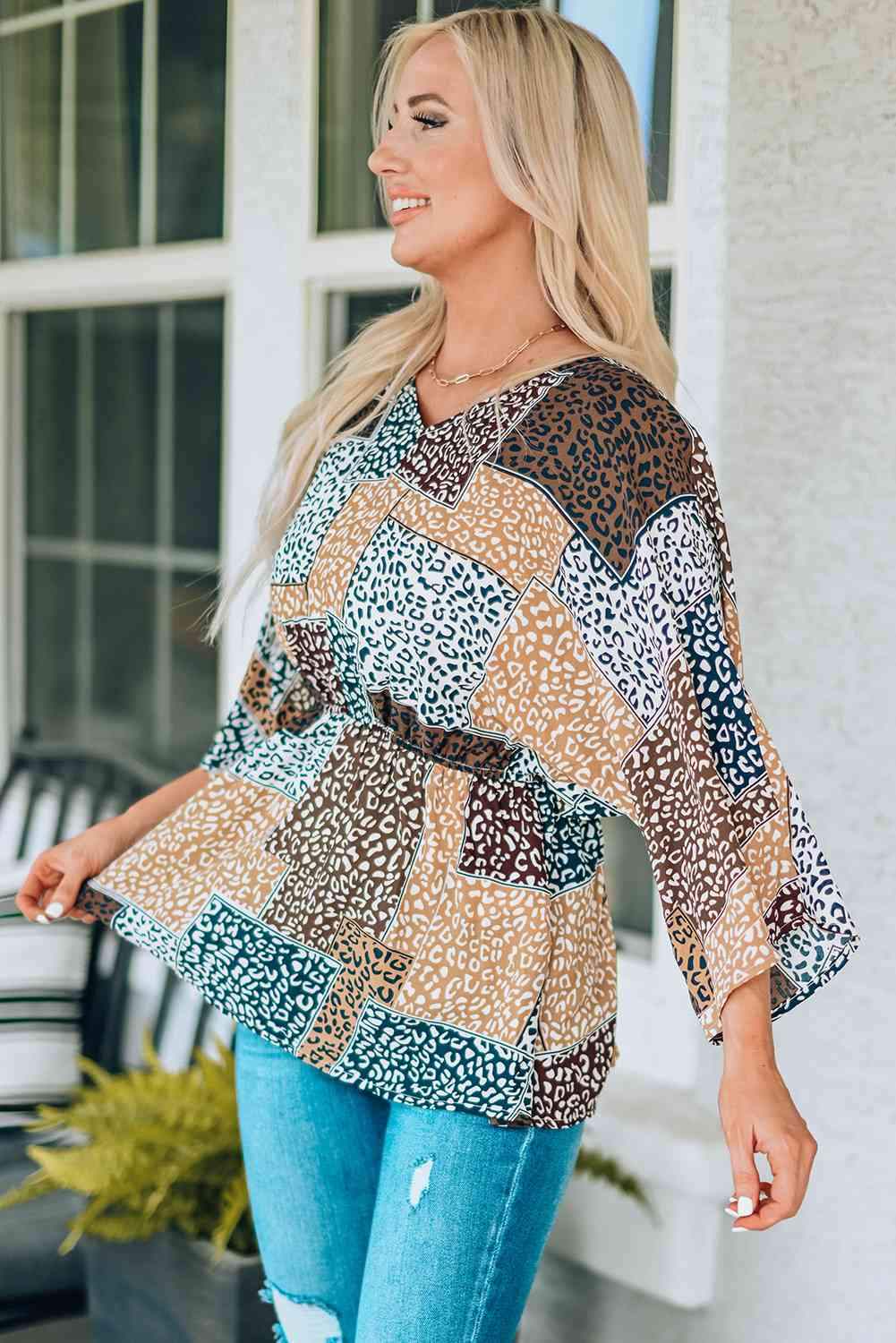 Leopard Patchwork V-Neck Top Blouses - Tophatter Daily Deals