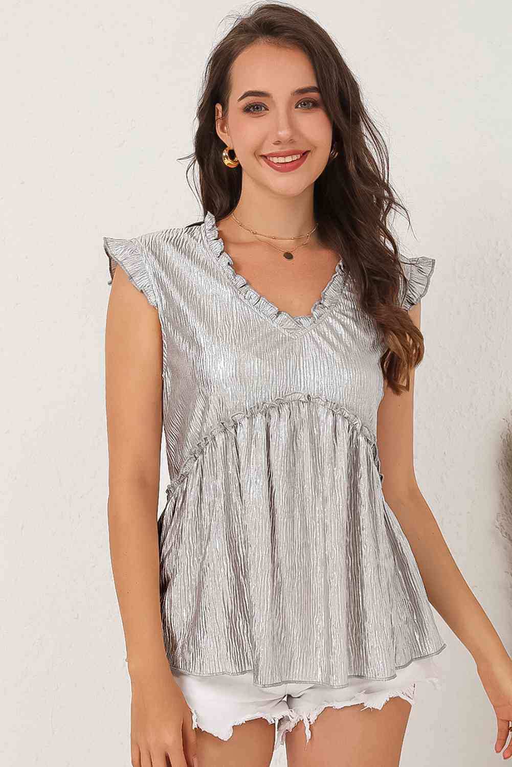 Frill Trim V-Neck Metallic Blouse - Tophatter Deals