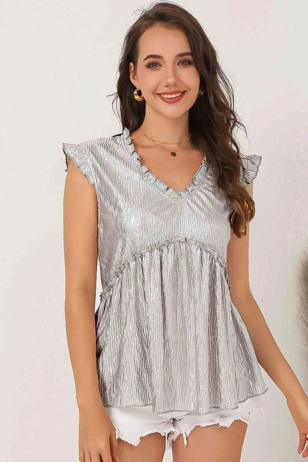 Frill Trim V-Neck Metallic Blouse Light Gray Blouses - Tophatter Daily Deals