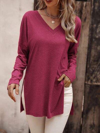 V-Neck Slit Long Sleeve T-Shirt Deep Rose Women's T-Shirts - Tophatter Daily Deals