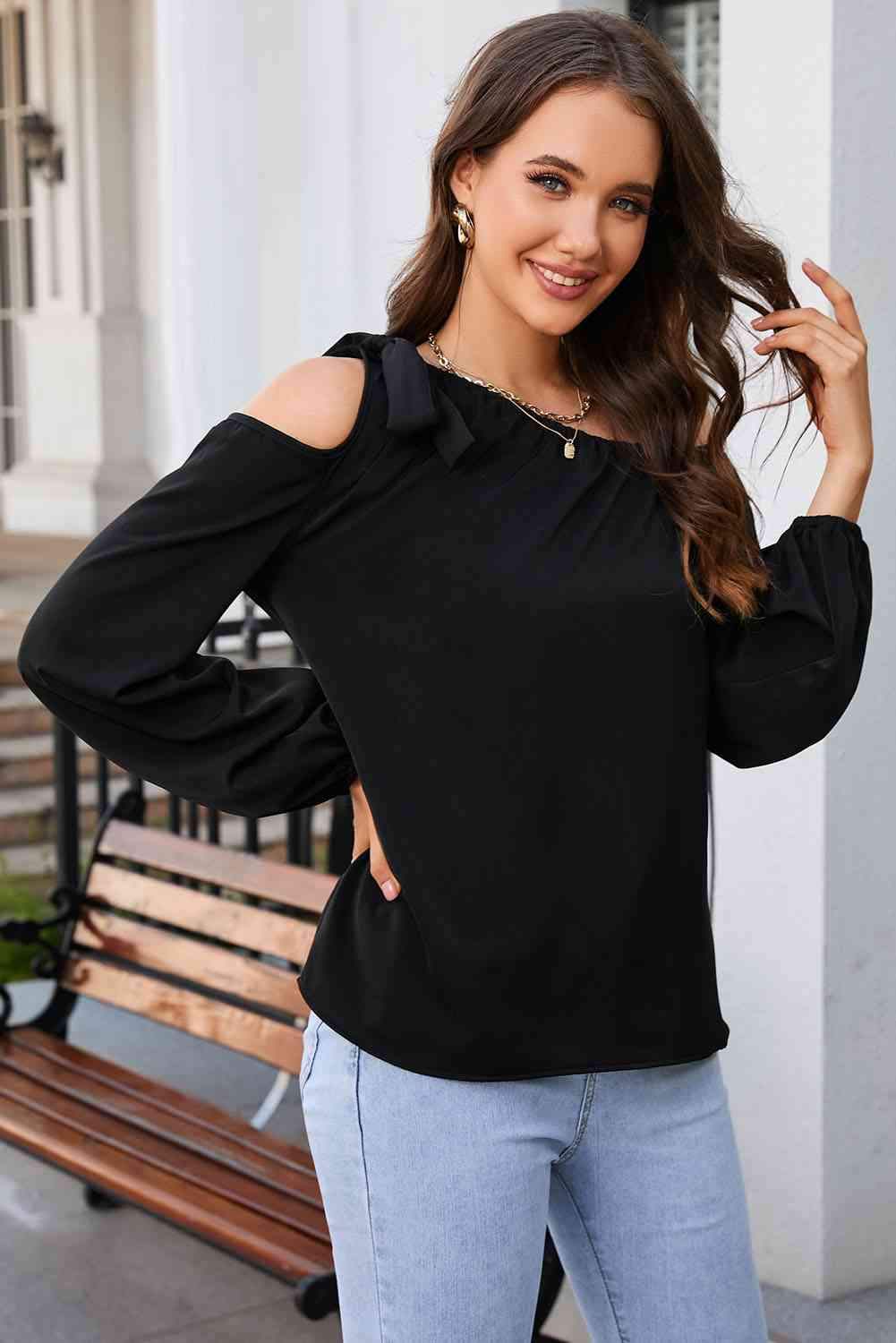 Double Take Tied Asymmetrical Neck Cold-Shoulder Blouse Blouses - Tophatter Daily Deals