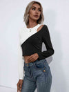 Cropped Contrast Color Round Neck Short Sleeve Tee Black Women's T-Shirts - Tophatter Daily Deals