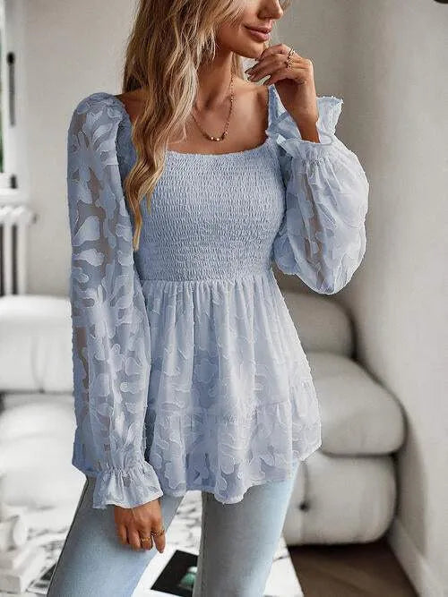 Smocked Flounce Sleeve Peplum Blouse Blouses - Tophatter Daily Deals