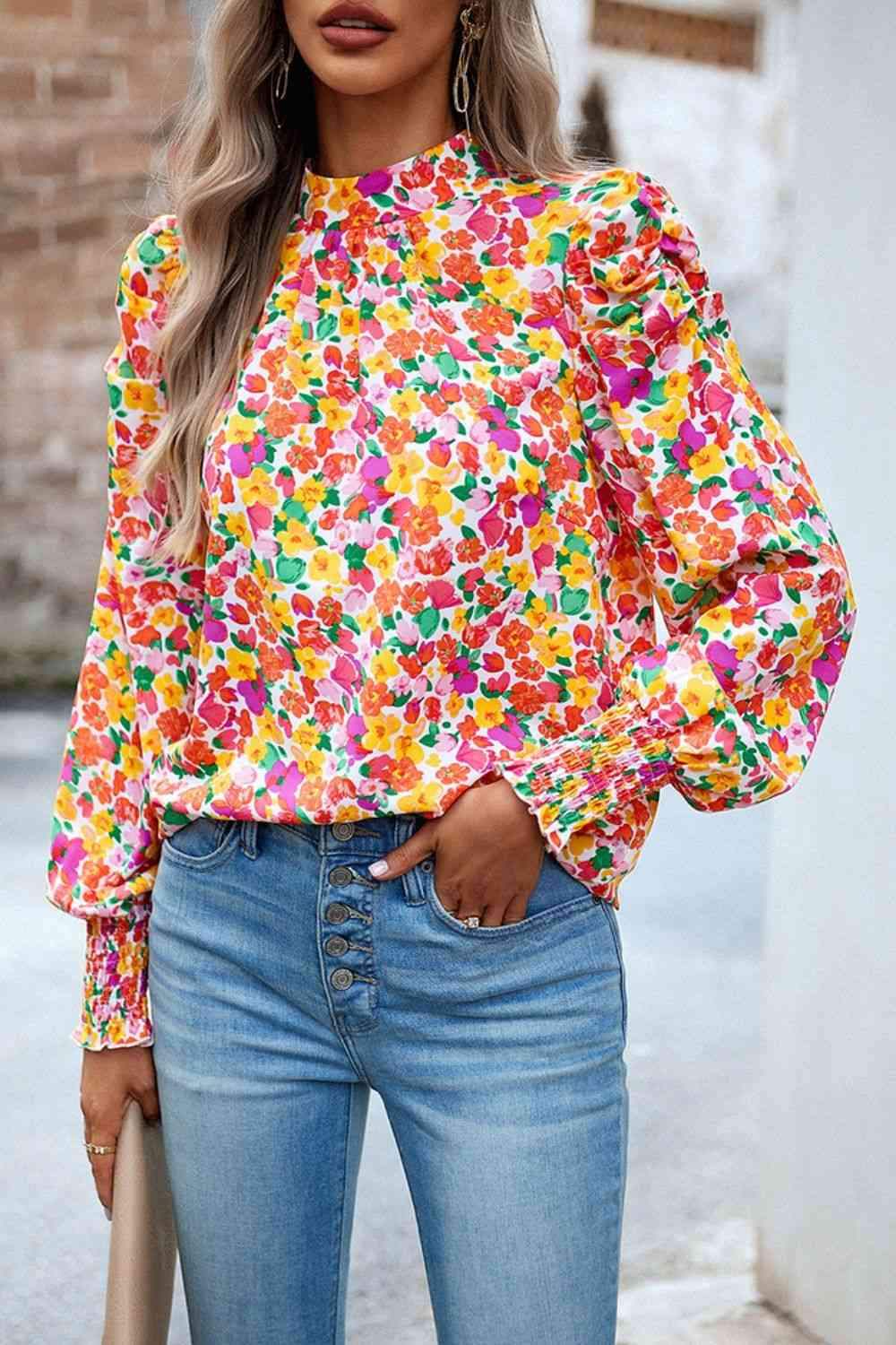 Printed Smocked Puff Sleeve Blouse Carnation Pink Blouses - Tophatter Daily Deals