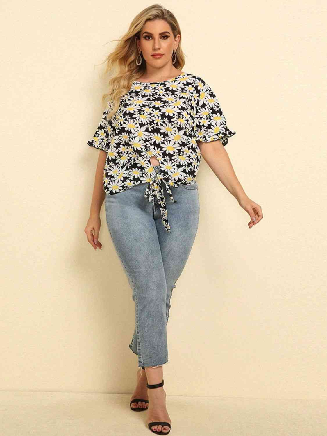 Plus Size Floral Round Neck Tie Hem Blouse - Tophatter Deals