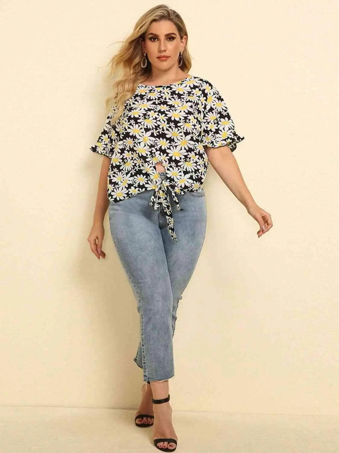Plus Size Floral Round Neck Tie Hem Blouse Blouses - Tophatter Daily Deals