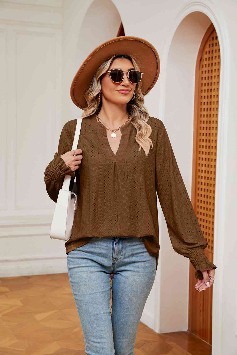 Notched Neck Flounce Sleeve Blouse Chestnut Blouses - Tophatter Daily Deals