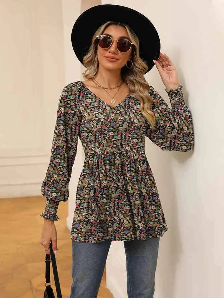 Printed V-Neck Lantern Sleeve Blouse Charcoal Blouses - Tophatter Daily Deals