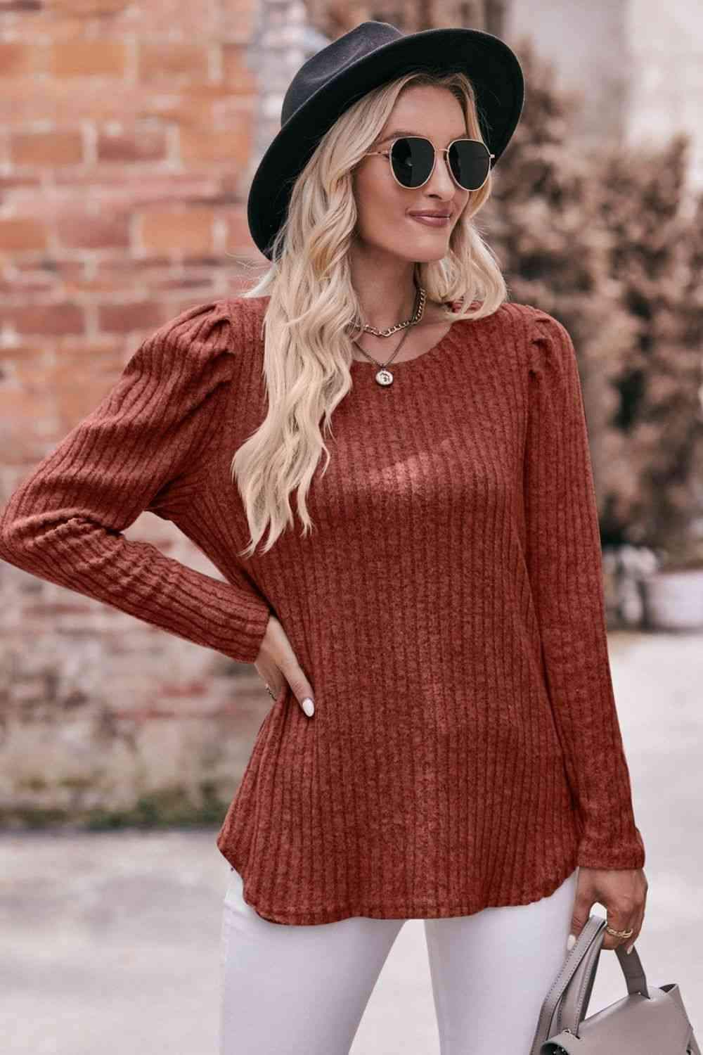 Double Take Round Neck Puff Sleeve Ribbed Top Blouses - Tophatter Daily Deals