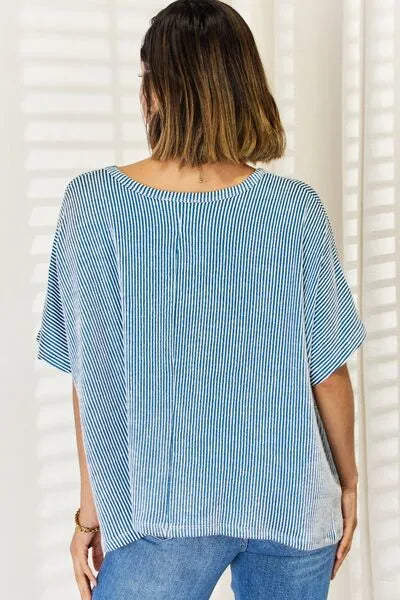 Zenana Striped Round Neck Half Sleeve T-Shirt Blouses - Tophatter Daily Deals