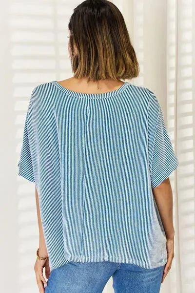 Zenana Striped Round Neck Half Sleeve T-Shirt Blouses - Tophatter Daily Deals