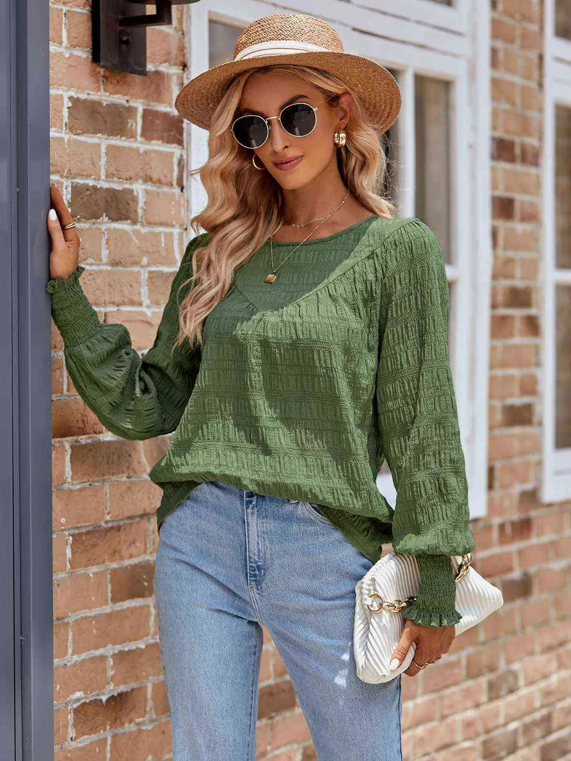 Round Neck Lantern Sleeve Blouse Mid Green Blouses - Tophatter Daily Deals