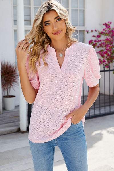 Eyelet Notched Puff Sleeve T-Shirt Women's T-Shirts - Tophatter Daily Deals