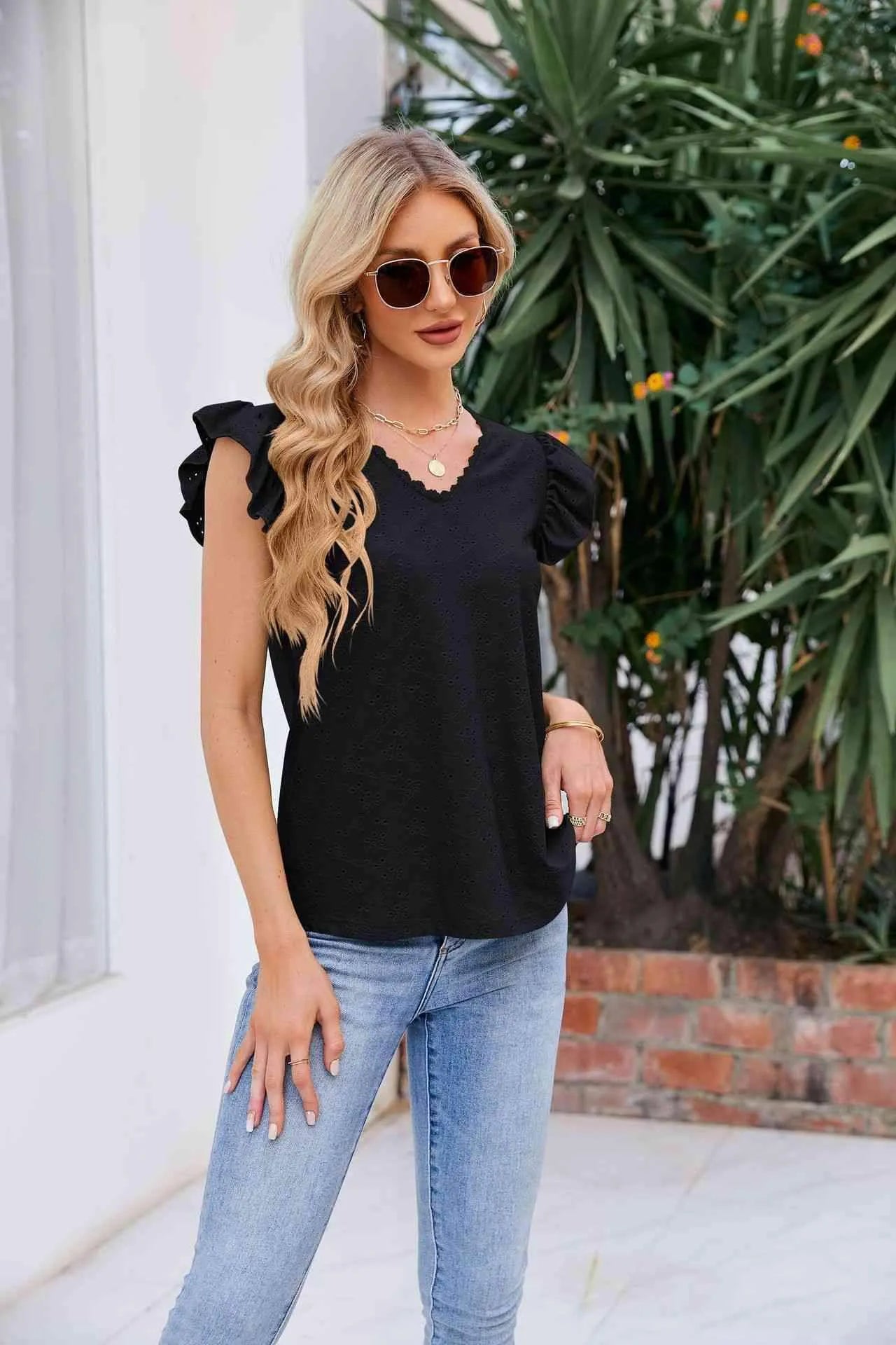 V-Neck Flutter Sleeve Eyelet Top Blouses - Tophatter Daily Deals