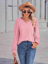 Eyelet V-Neck Flounce Sleeve Blouse Blush Pink Blouses - Tophatter Daily Deals