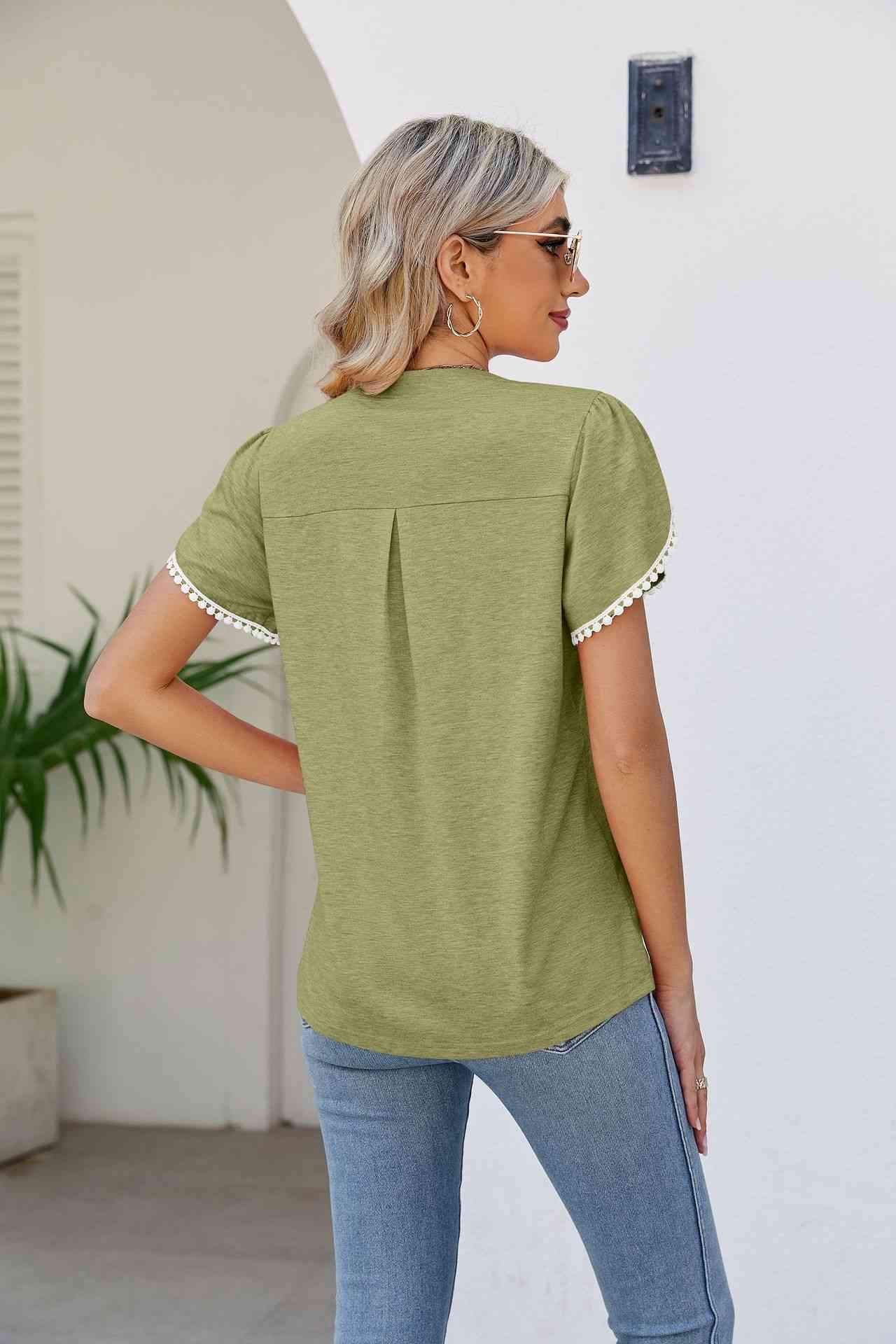 Pom-Pom Trim Petal Sleeve Notched Neck Top Blouses - Tophatter Daily Deals