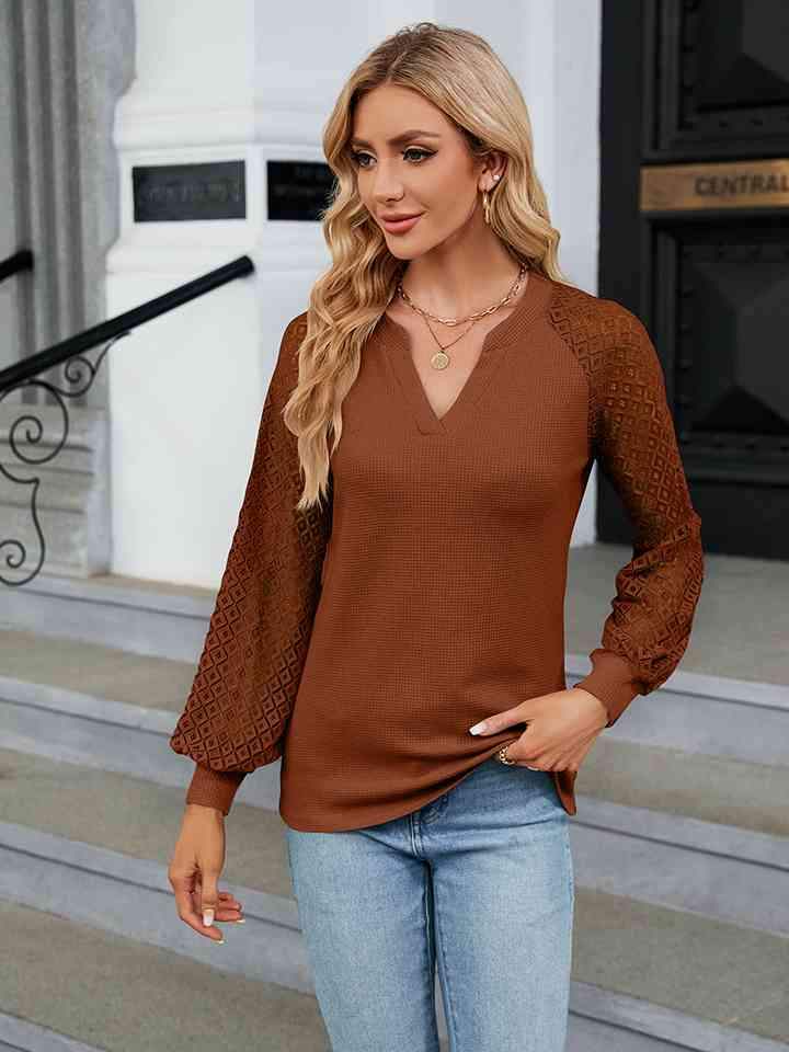 Notched Neck Long Sleeve Blouse Blouses - Tophatter Daily Deals