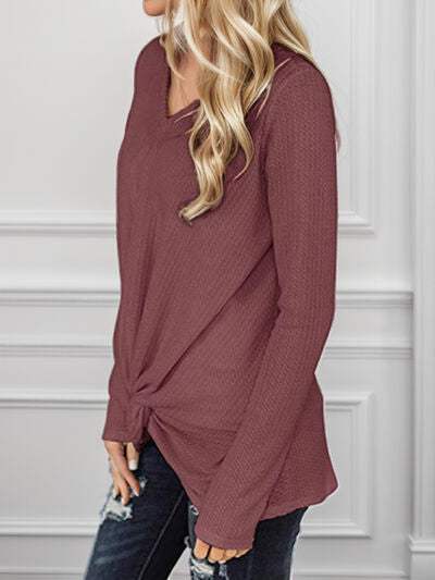 Twisted V-Neck Long Sleeve T-Shirt Women's T-Shirts - Tophatter Daily Deals