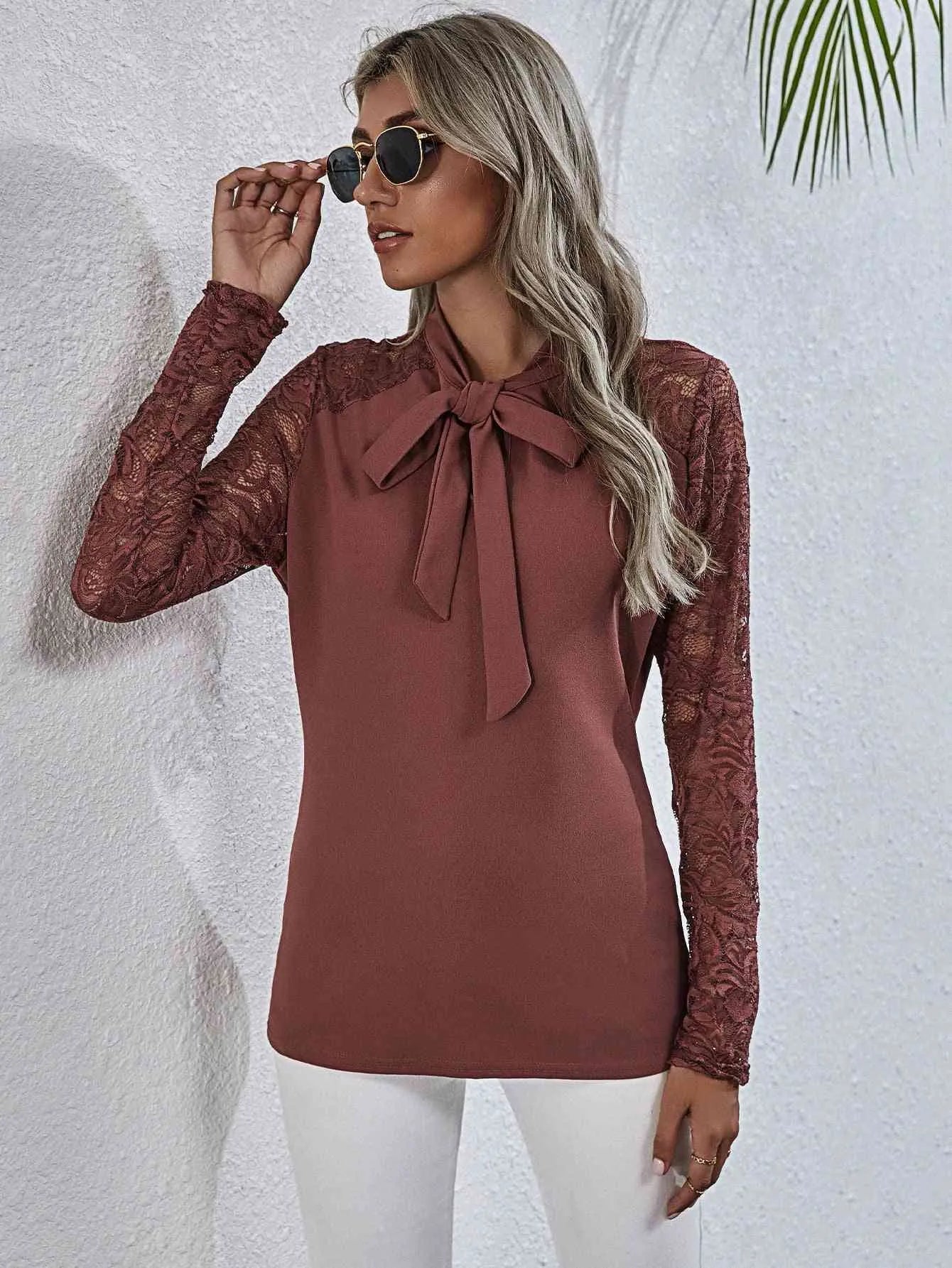 Tie Neck Spliced Lace Long Sleeve Top Blouses - Tophatter Daily Deals