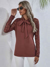 Tie Neck Spliced Lace Long Sleeve Top Blouses - Tophatter Daily Deals