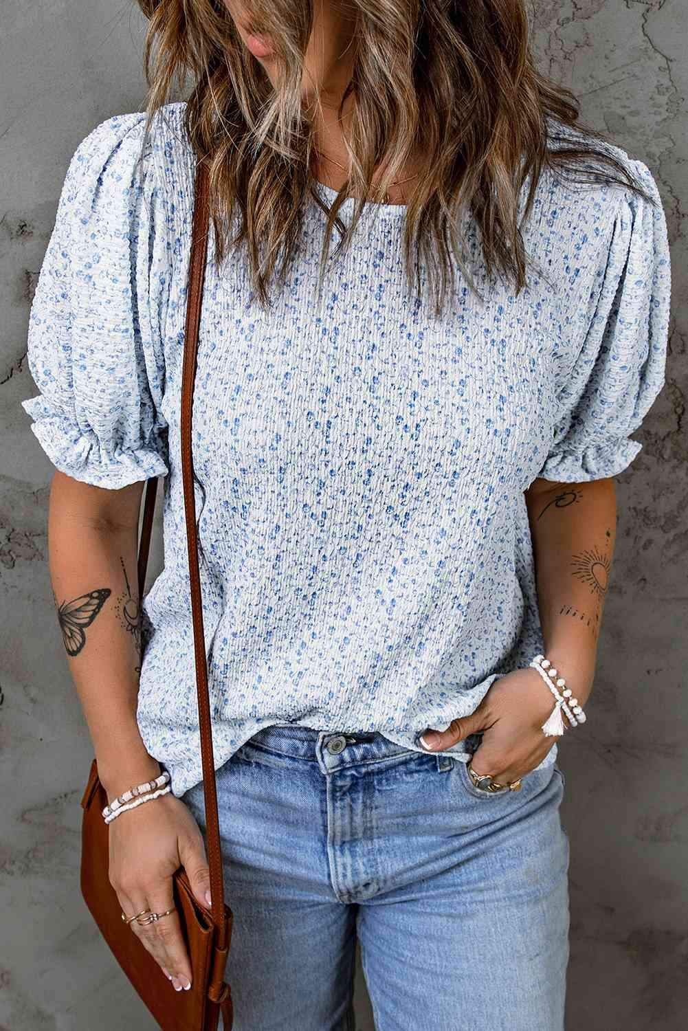 Printed Round Neck Half Flounce Sleeve Top Blouses - Tophatter Daily Deals