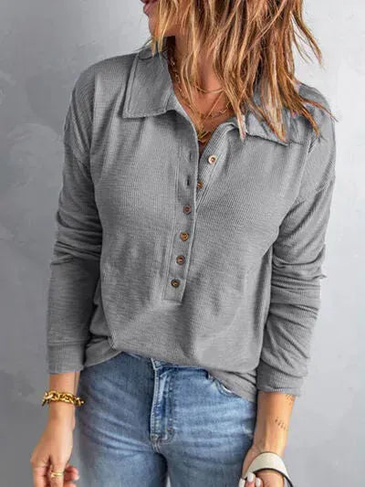 Collared Neck Half Button Top Heather Gray Blouses - Tophatter Daily Deals