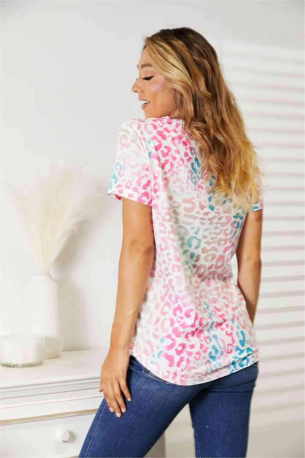 Double Take Leopard V-Neck Short Sleeve T-Shirt Women's T-Shirts - Tophatter Daily Deals