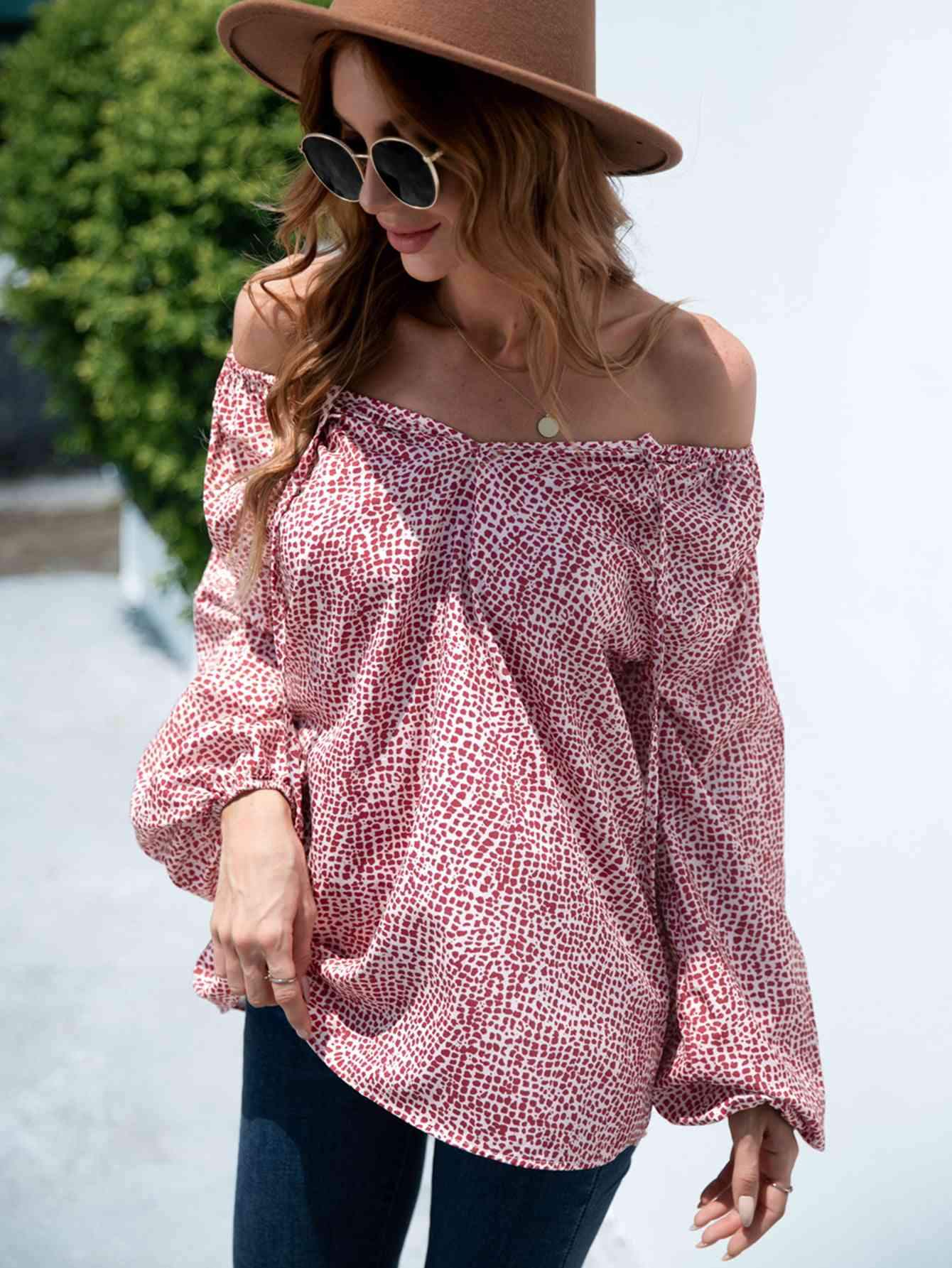 Printed Tie-Neck Balloon Sleeve Blouse Deep Red Blouses - Tophatter Daily Deals